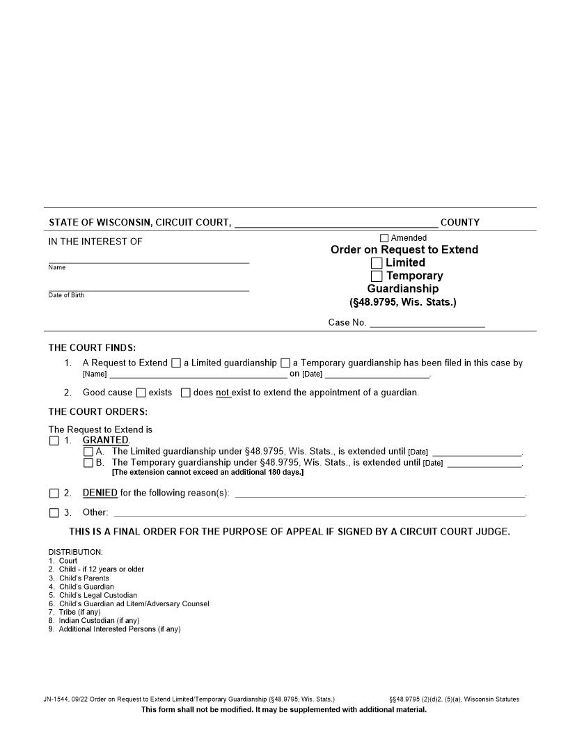 Order On Request To Extend Guardianship {JN-1544} | Pdf Fpdf Docx | Wisconsin