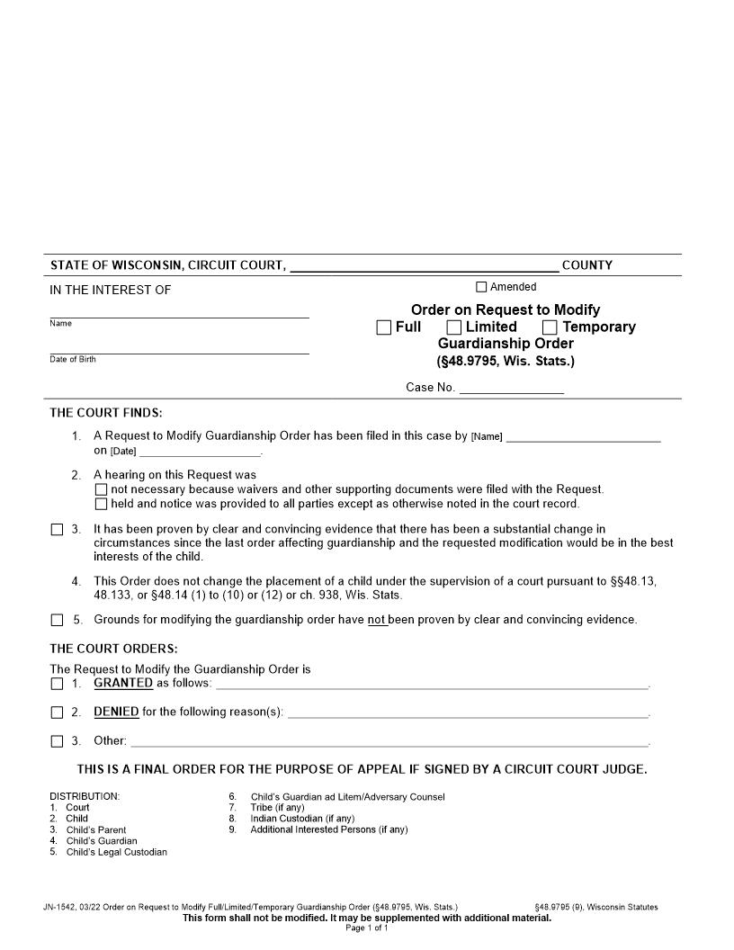 Order On Request To Modify Order {JN-1542} | Pdf Fpdf Docx | Wisconsin