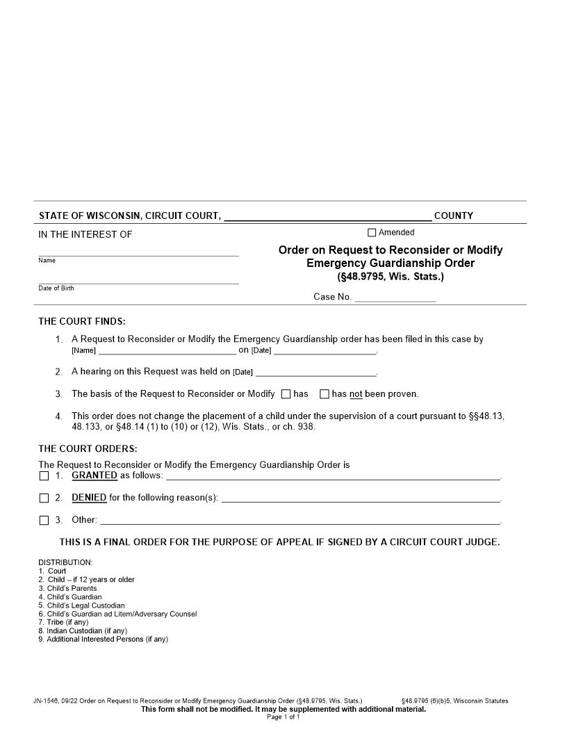 Order On Request To Reconsider Or Modify Emergency Guardianship Order {JN-1546} | Pdf Fpdf Docx | Wisconsin