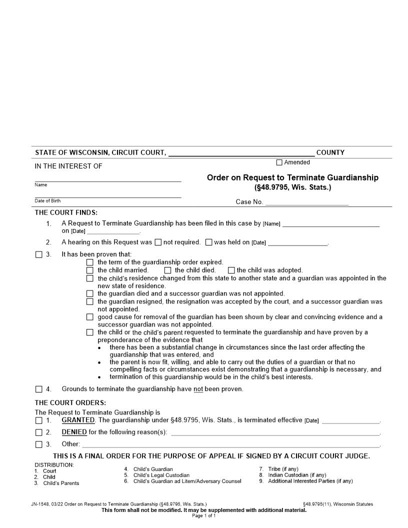 Order On Request To Terminate Guardianship {JN-1548} | Pdf Fpdf Docx | Wisconsin