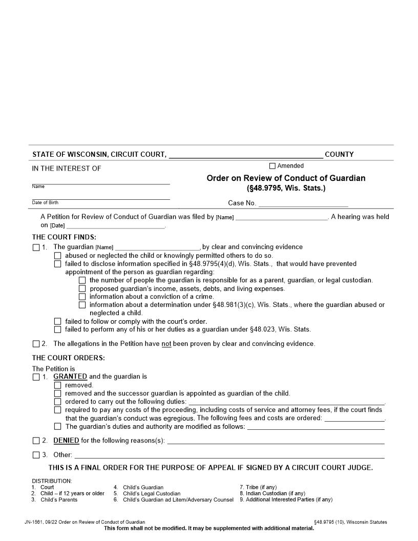 Order On Review Of Conduct Of The Guardian {JN-1561} | Pdf Fpdf Docx | Wisconsin
