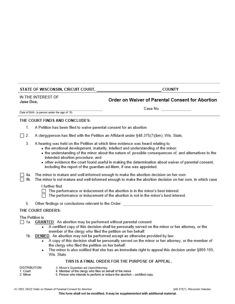 Order On Waiver Of Parental Consent For Abortion {JC-1623} | Pdf Fpdf Docx | Wisconsin