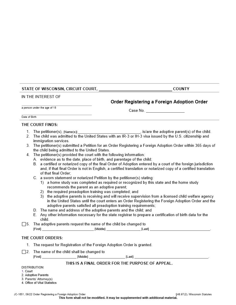 Order Registering Foreign Adoption {JC-1651} | Pdf Fpdf Docx | Wisconsin