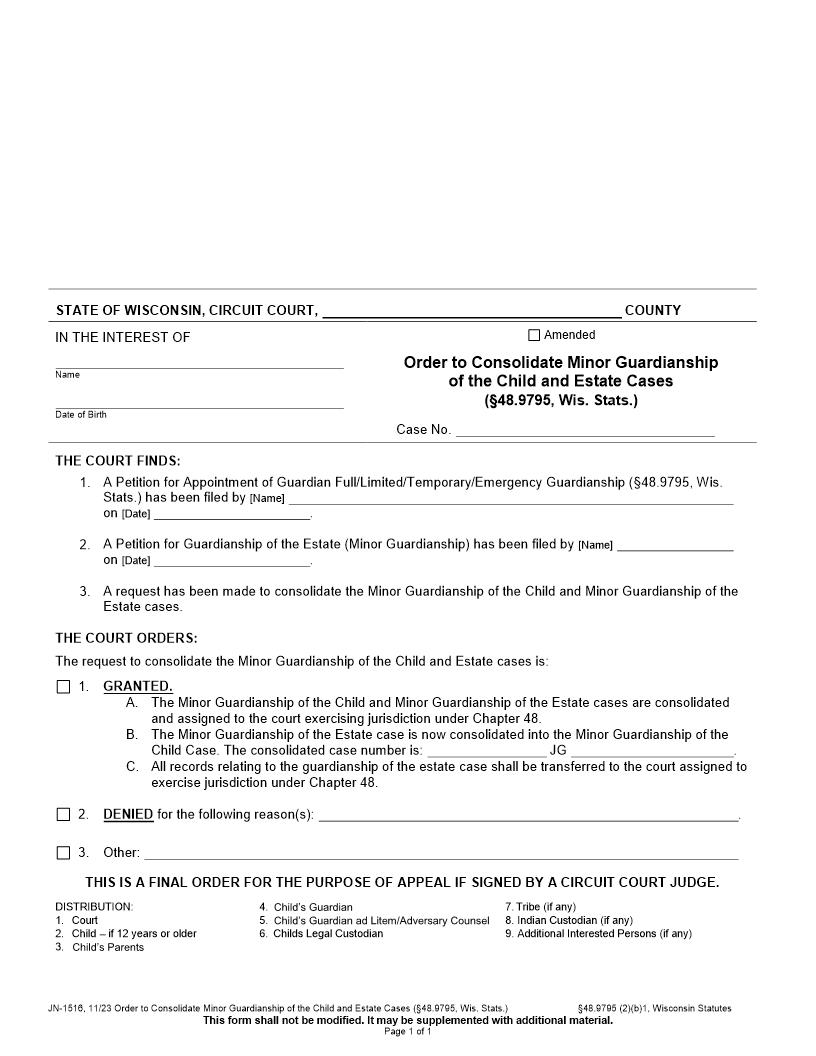 Order To Consolidate Minor Guardianship Of The Child And Estate Cases {JN-1516} | Pdf Fpdf Docx | Wisconsin
