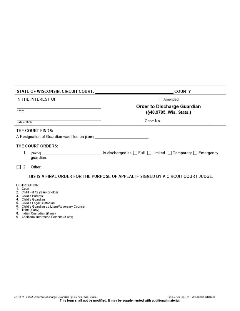 Order To Discharge Guardian {JN-1571} | Pdf Fpdf Docx | Wisconsin