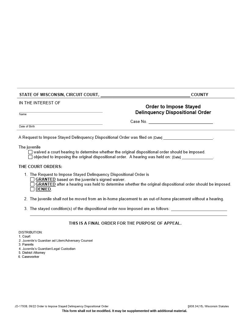 Order To Impose Stayed Delinquency Dispositional Order {JD-1750B} | Pdf Fpdf Docx | Wisconsin