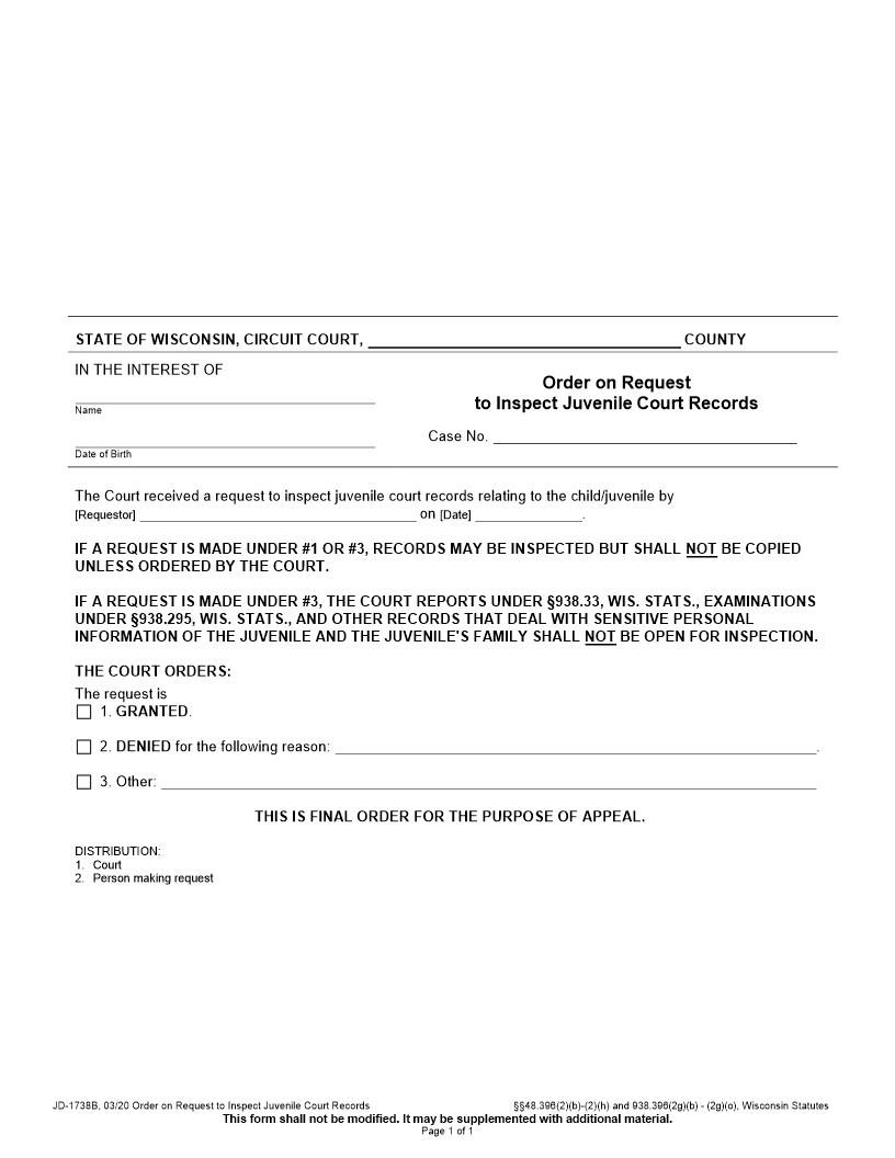 Order To Inspect Juvenile Court Records {JD-1738B} | Pdf Fpdf Docx | Wisconsin