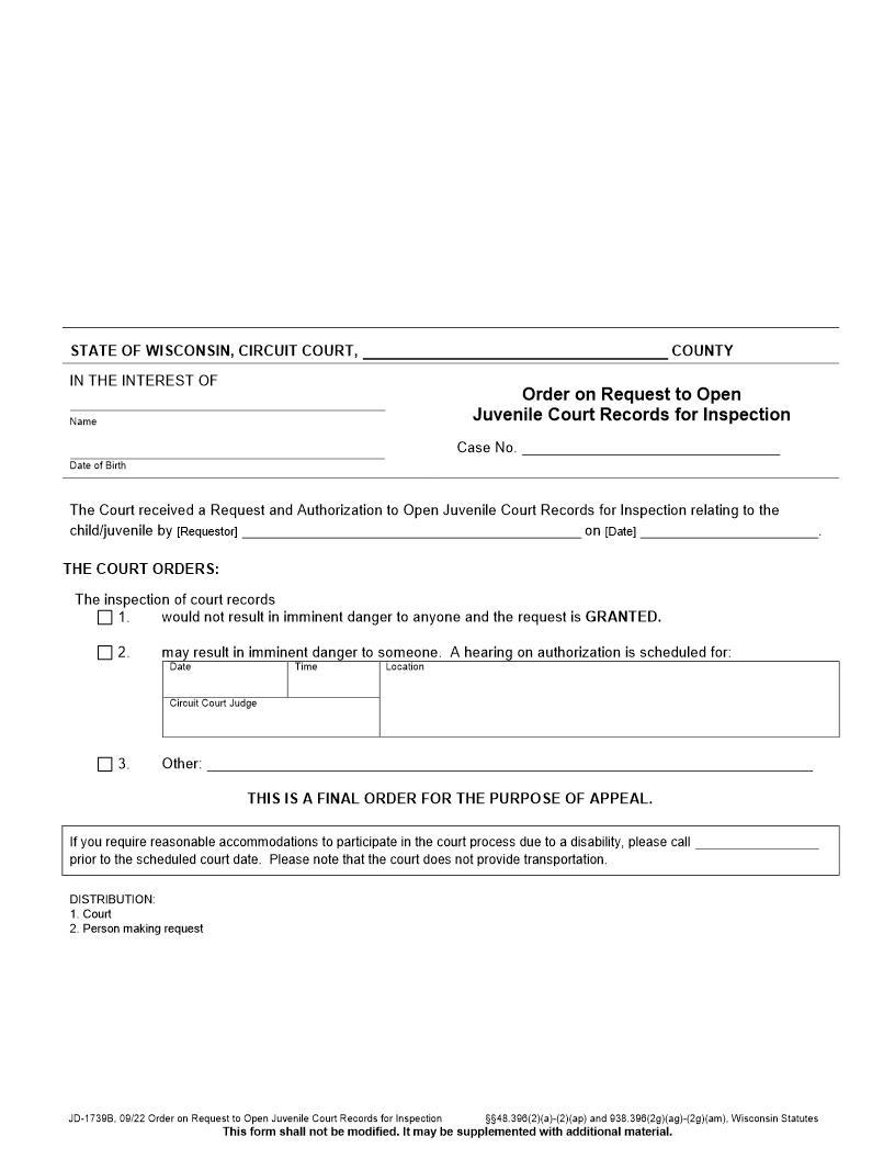 Order To Open Court Records For Inspection {JD-1739B} | Pdf Fpdf Docx | Wisconsin