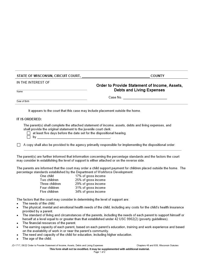 Order To Provide Statement Of Income Assets Debts And Living Expenses {JD-1717} | Pdf Fpdf Docx | Wisconsin