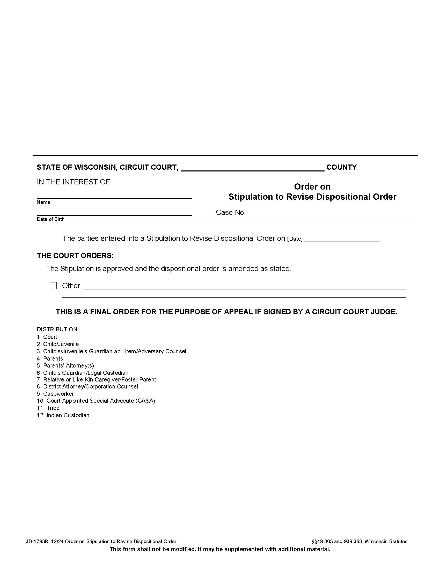 Order To Revise Dispositional Order {JD-1783B} | Pdf Fpdf Docx | Wisconsin