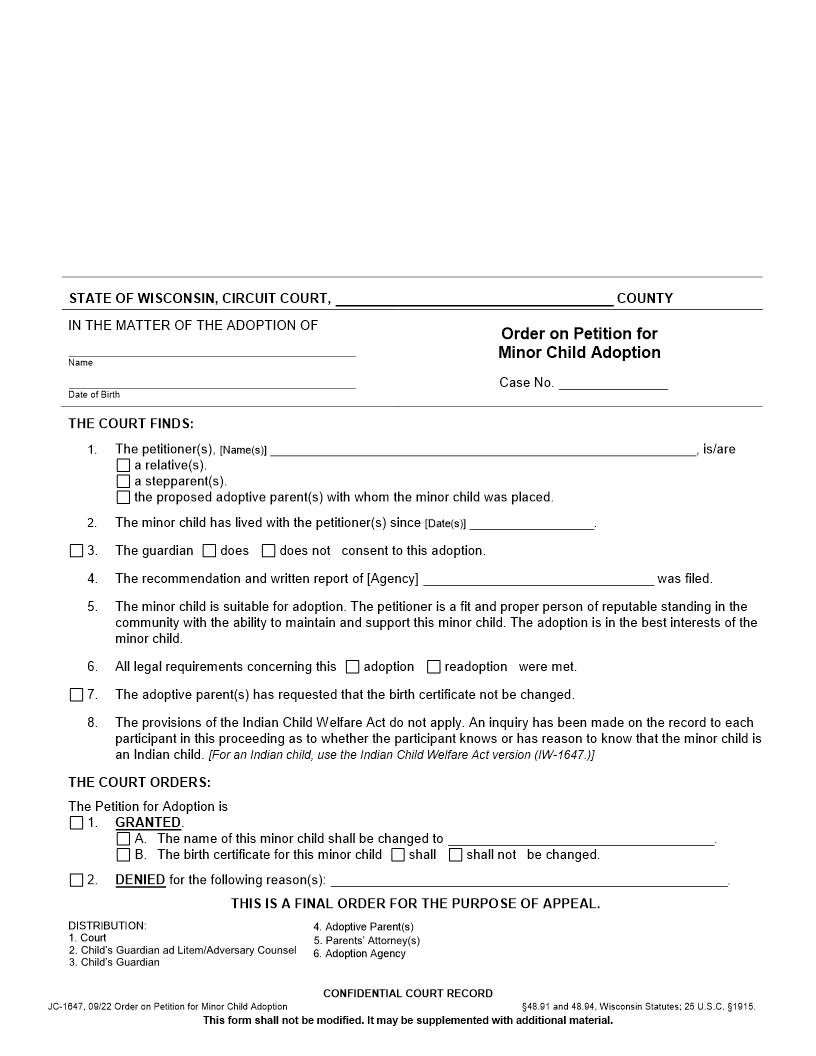 Order on Petition for Minor Child Adoption {JC-1647} | Pdf Fpdf Docx | Wisconsin