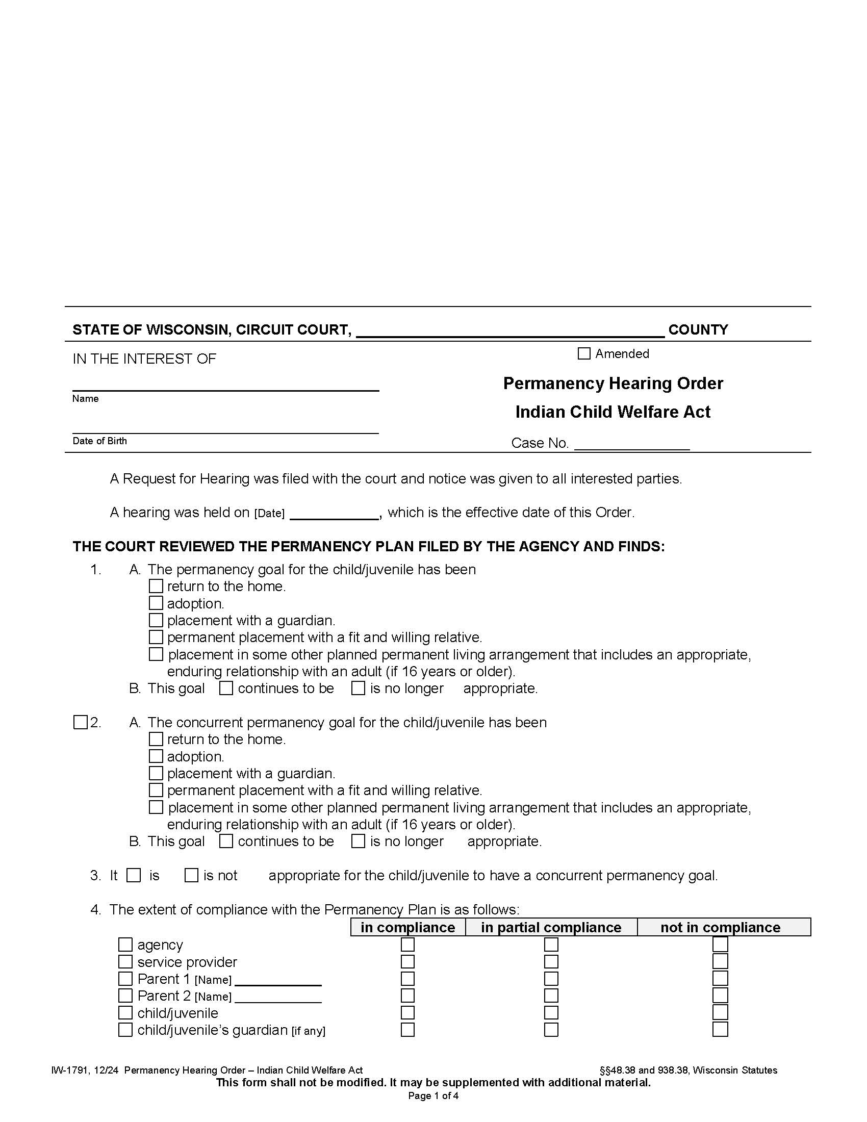 Permanency Hearing Order {IW-1791} | Pdf Fpdf Docx | Wisconsin