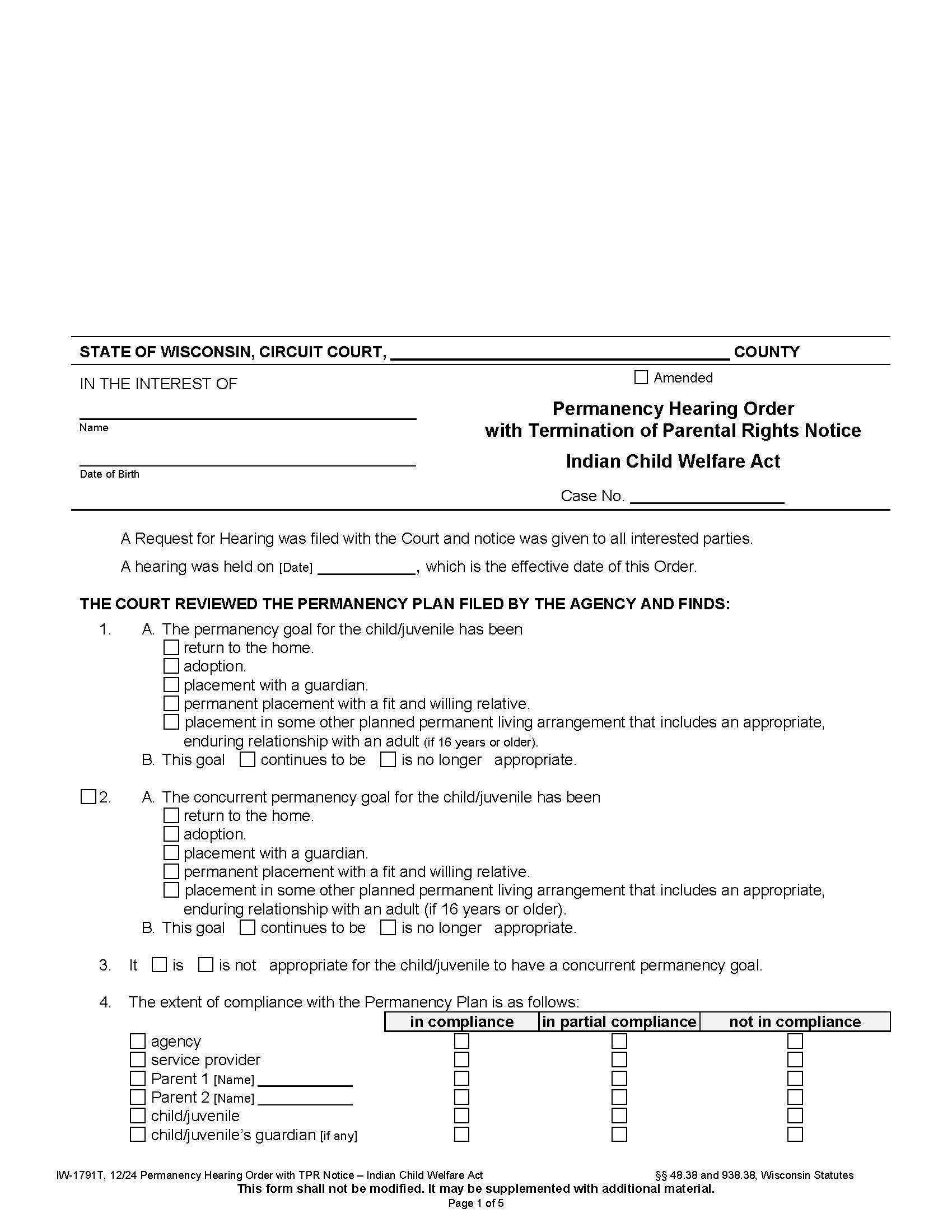 Permanency Hearing Order With Termination Of Parental Rights {IW-1791T} | Pdf Fpdf Docx | Wisconsin