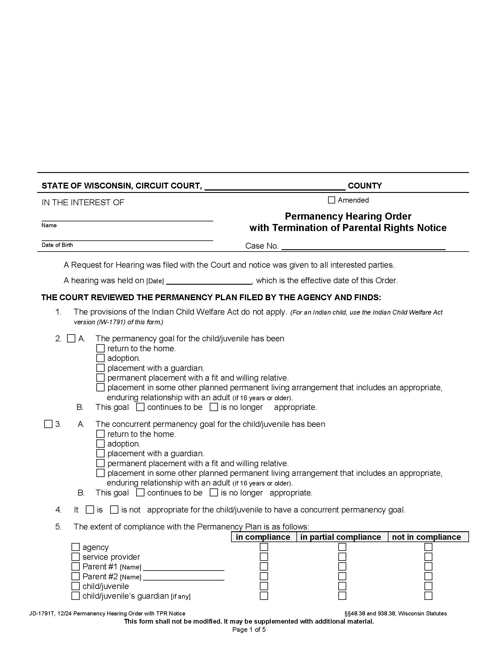 Permanency Plan Hearing Order With Termination Of Parental Rights {JD-1791T} | Pdf Fpdf Docx | Wisconsin