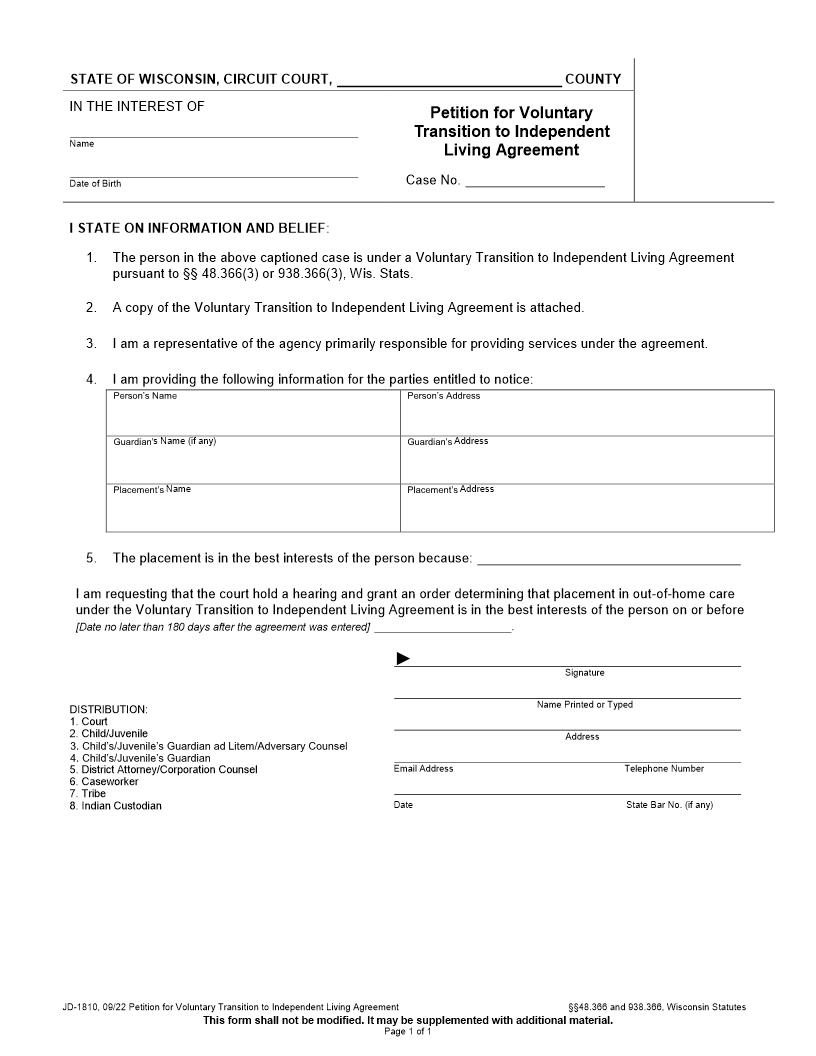 Petition For A Voluntary Transition to Independent Living Agreement {JD-1810} | Pdf Fpdf Docx | Wisconsin