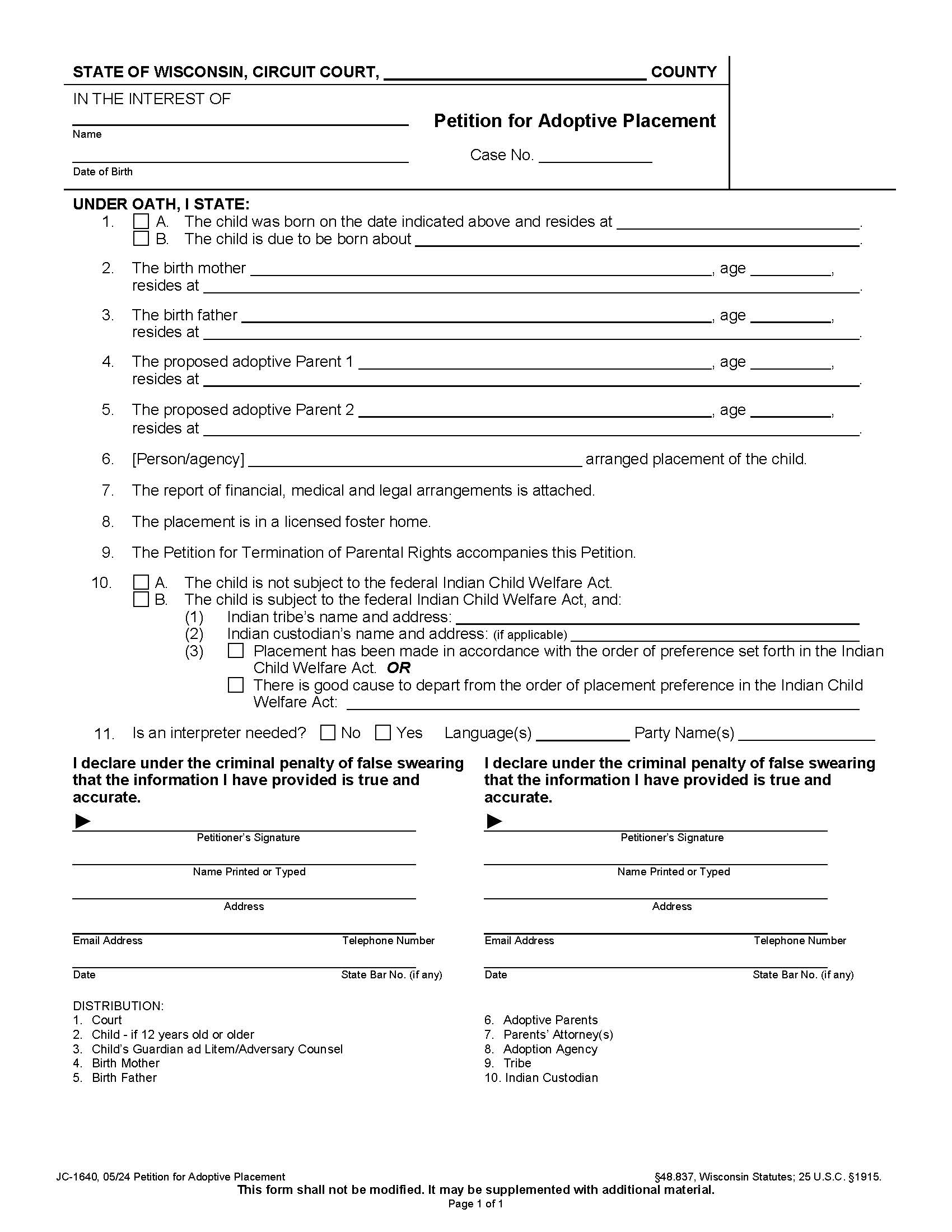 Petition For Adoptive Placement {JC-1640} | Pdf Fpdf Docx | Wisconsin