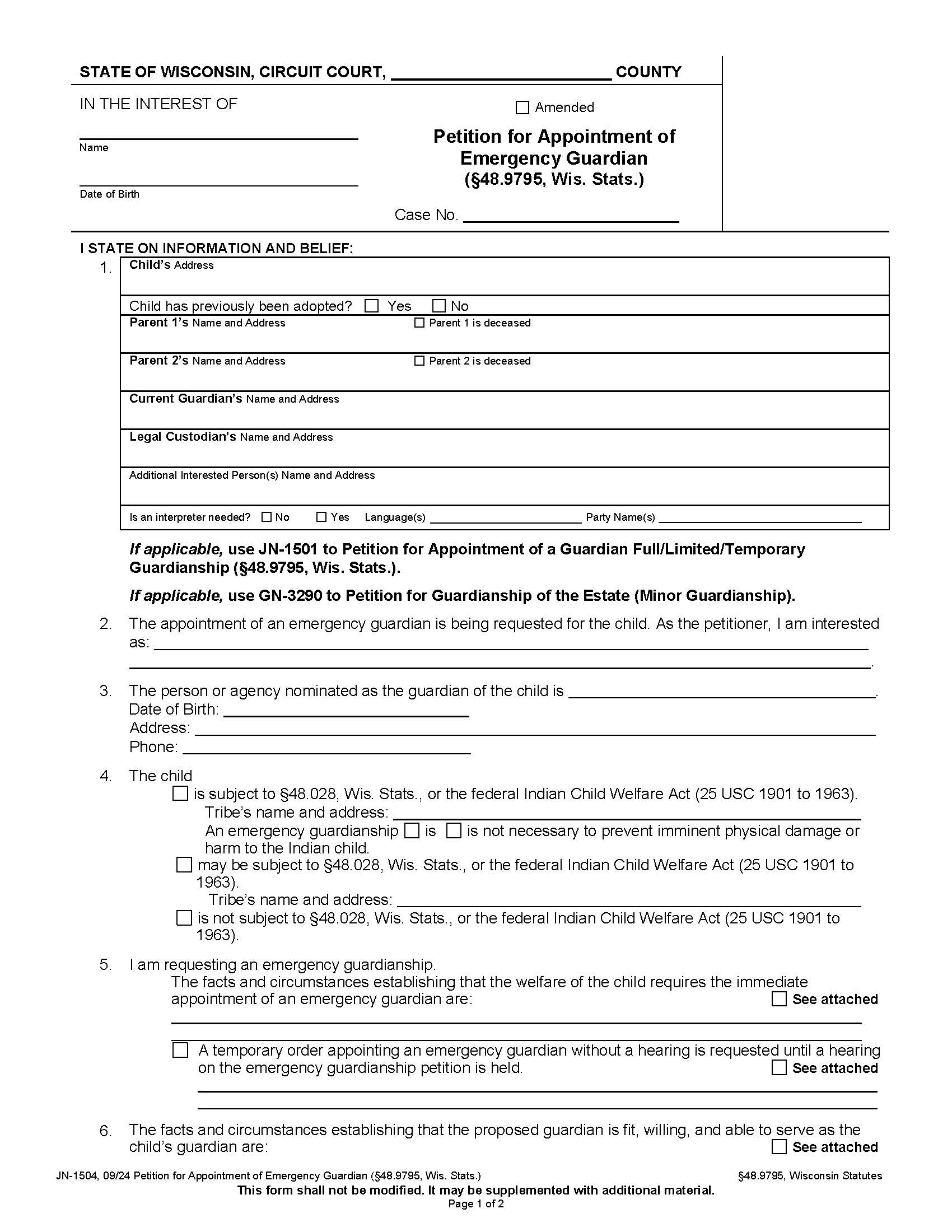 Petition For Appointment Of Emergency Guardian {JN-1504} | Pdf Fpdf Docx | Wisconsin