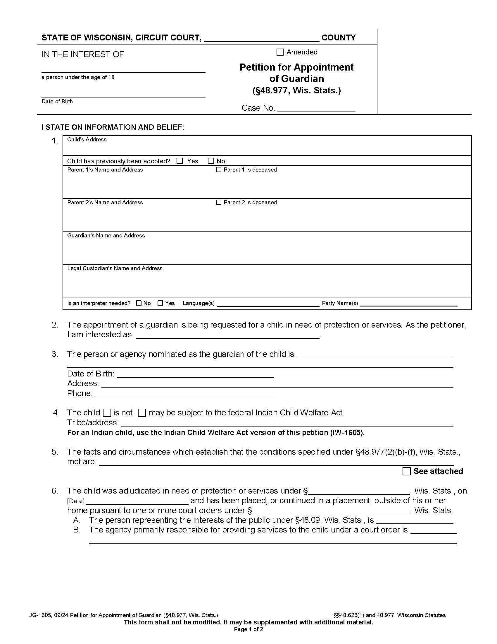 Petition For Appointment Of Guardian {JG-1605} | Pdf Fpdf Docx | Wisconsin