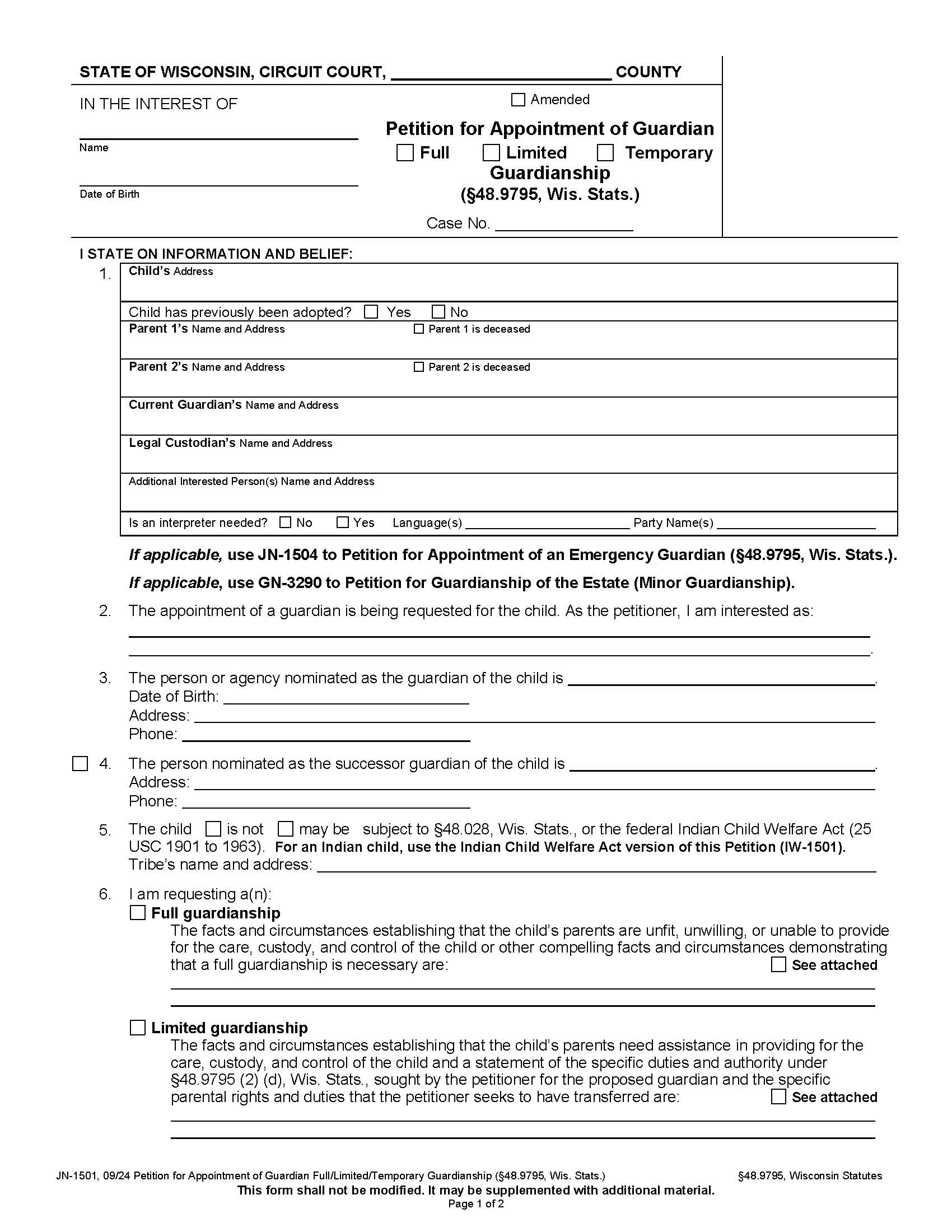 Petition For Appointment Of Guardian (Full-Limited-Temporary Guardianship) {JN-1501} | Pdf Fpdf Docx | Wisconsin