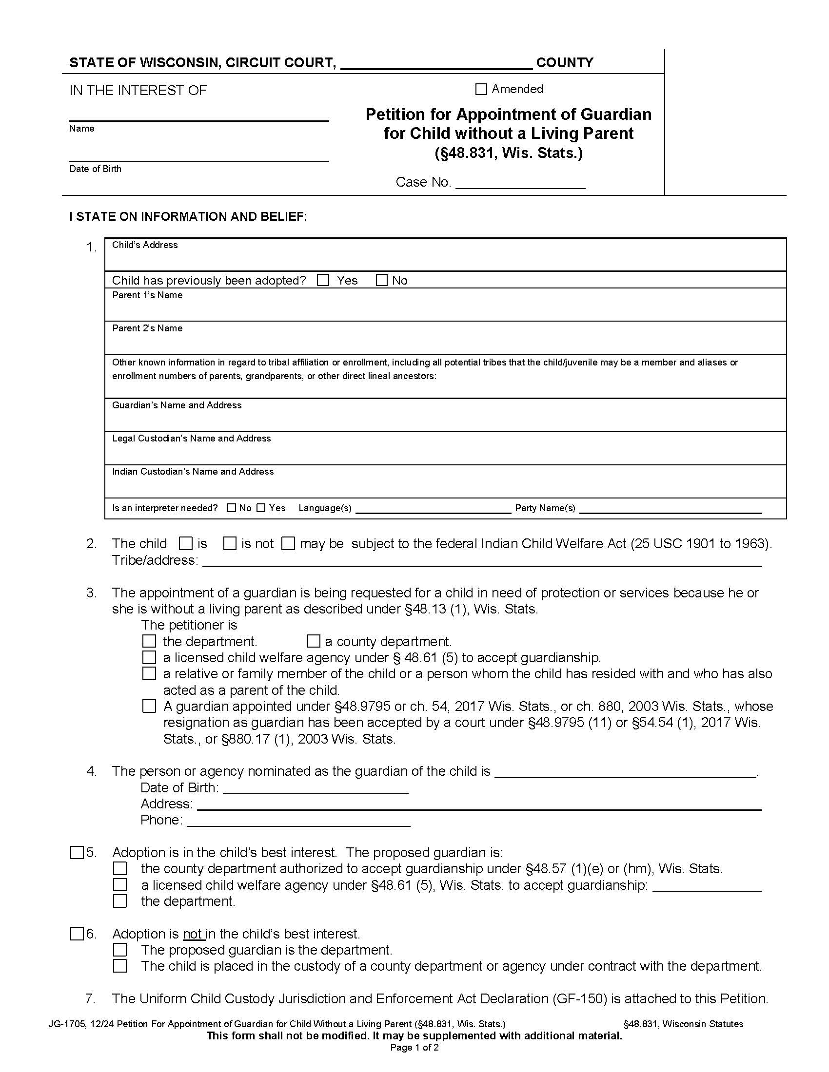 Petition For Appointment Of Guardian For Child Without Living Parent {JG-1705} | Pdf Fpdf Docx | Wisconsin