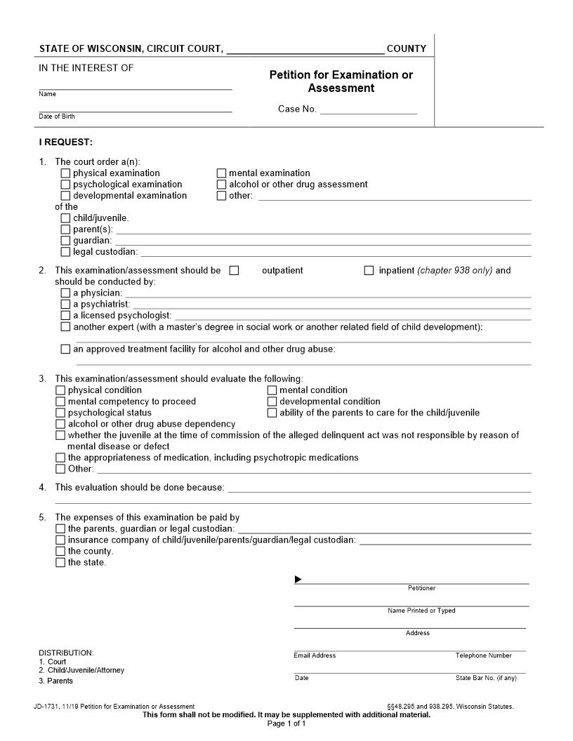 Petition For Examination Or Assessment {JD-1731} | Pdf Fpdf Docx | Wisconsin