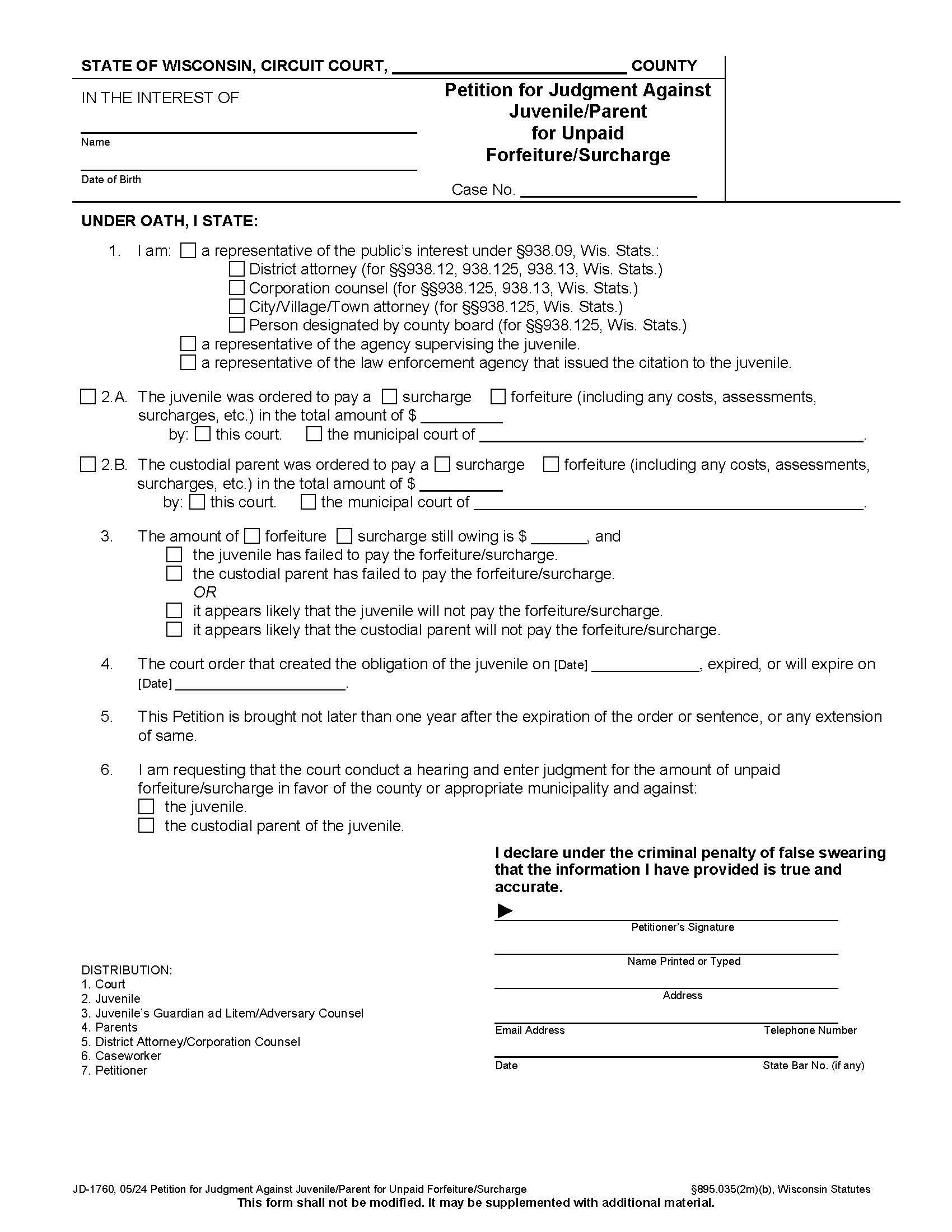 Petition For Judgment Against Juvenile Parent For Unpaid Forfeiture {JD-1760} | Pdf Fpdf Docx | Wisconsin