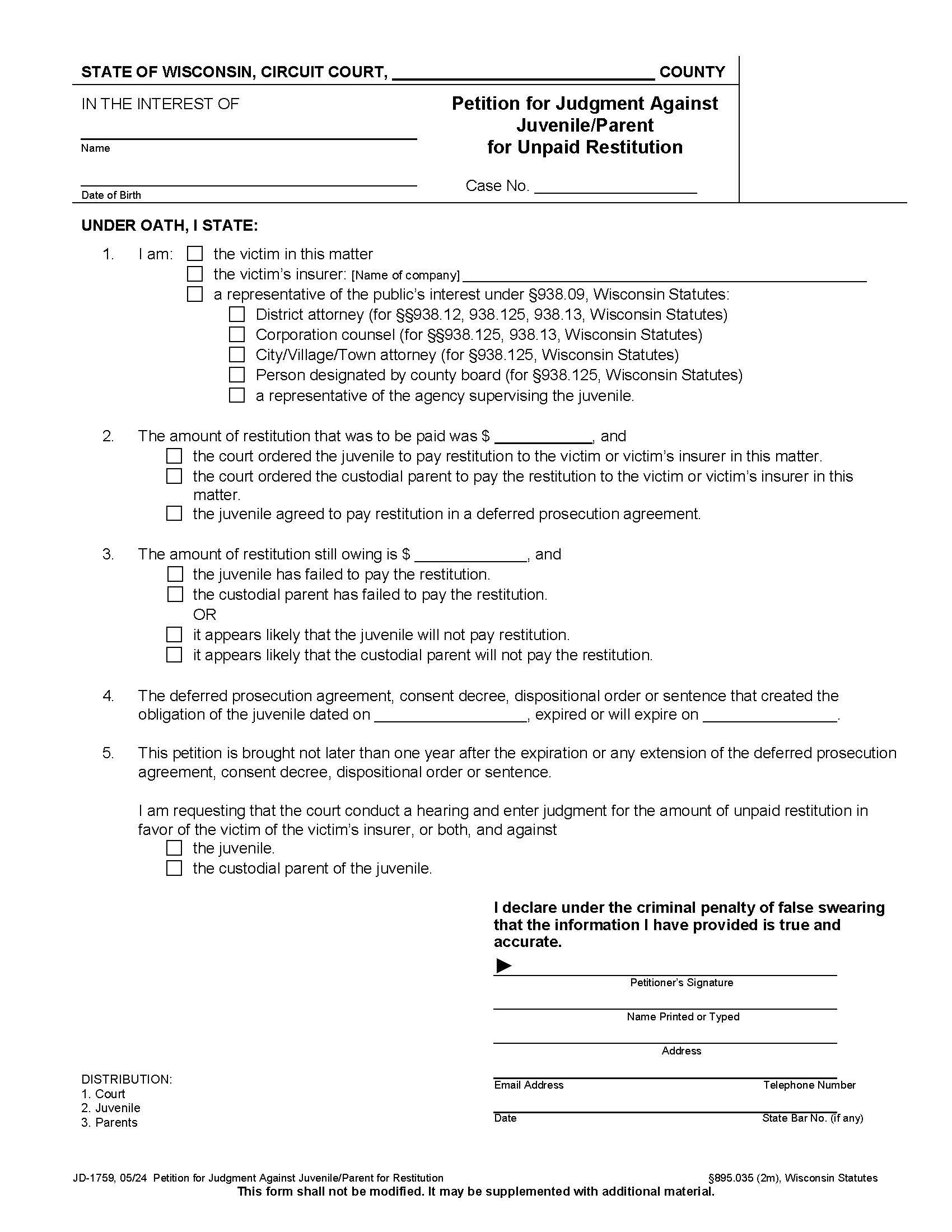 Petition For Judgment Against Juvenile Parent For Unpaid Restitution {JD-1759} | Pdf Fpdf Docx | Wisconsin