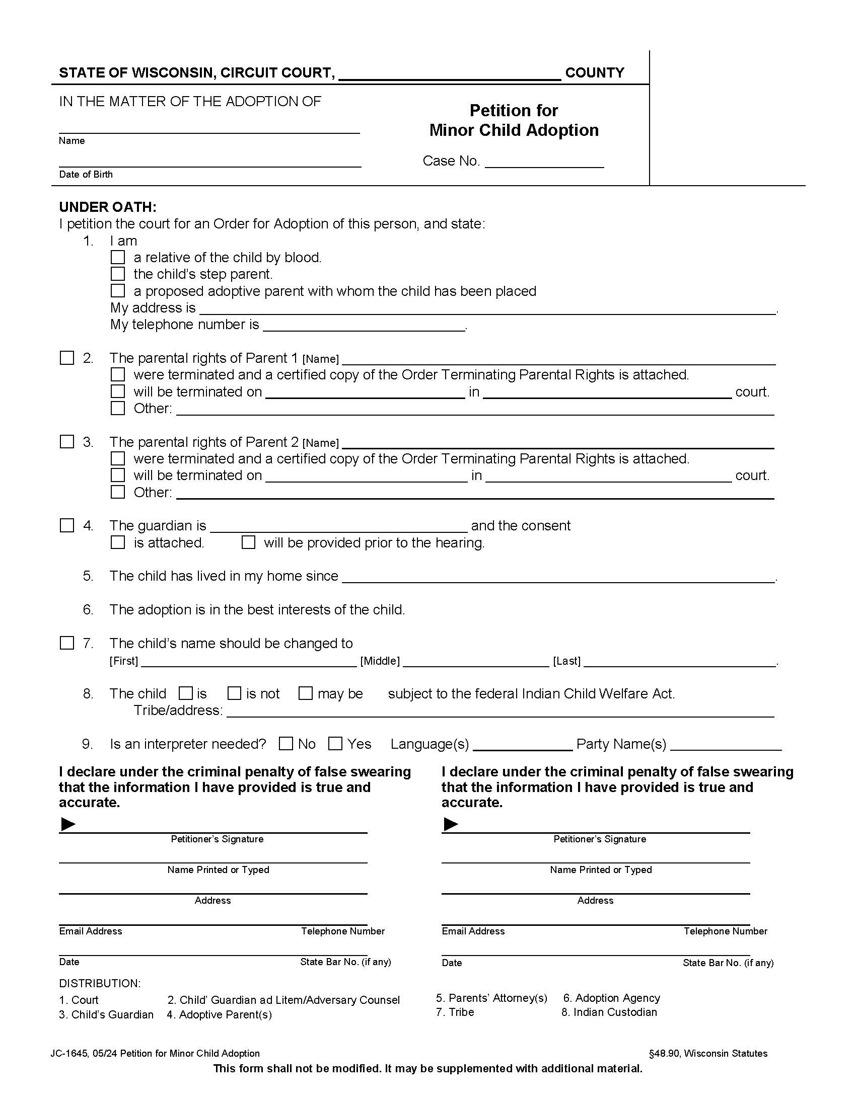 Petition For Minor Child Adoption {JC-1645} | Pdf Fpdf Docx | Wisconsin