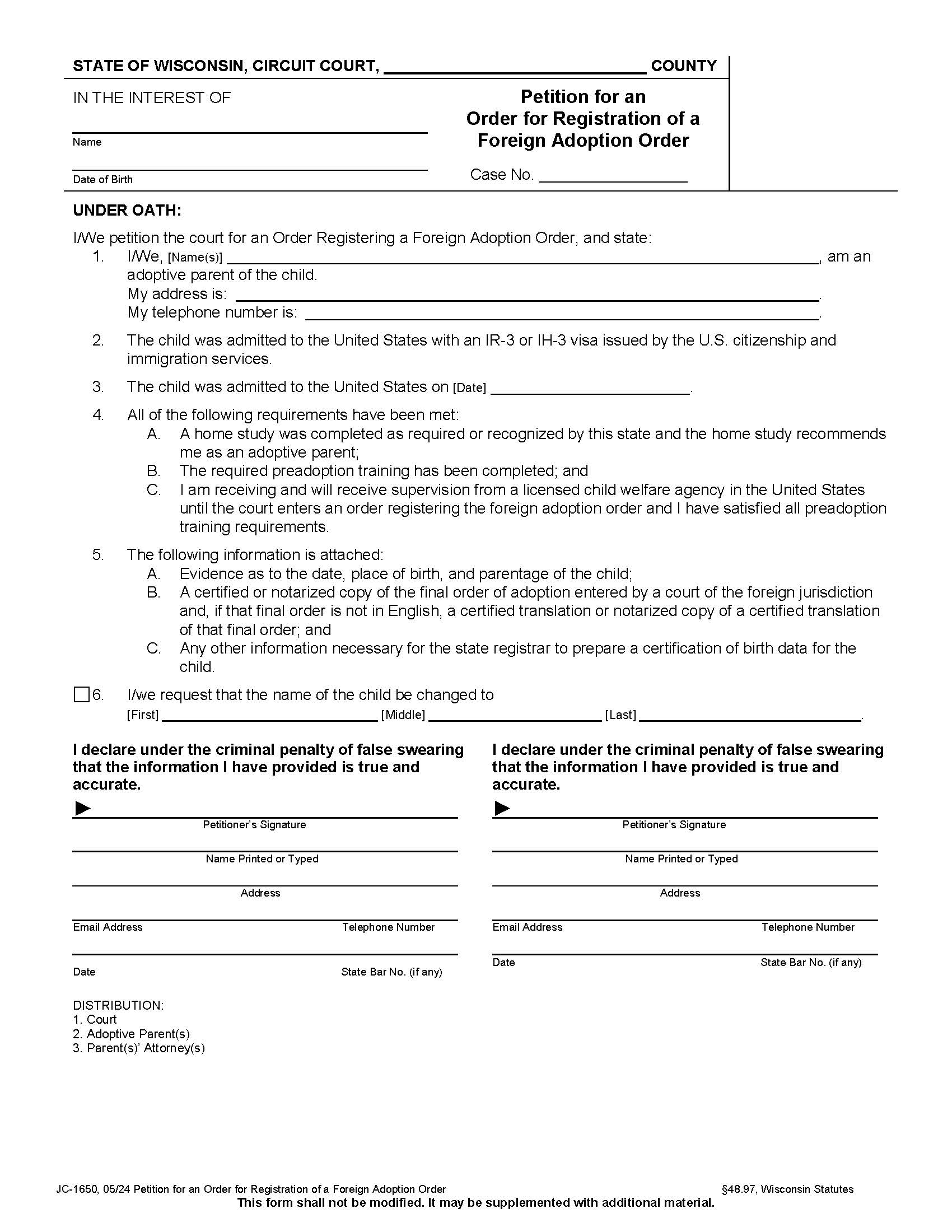 Petition For Order Of Foreign Adoption {JC-1650} | Pdf Fpdf Docx | Wisconsin
