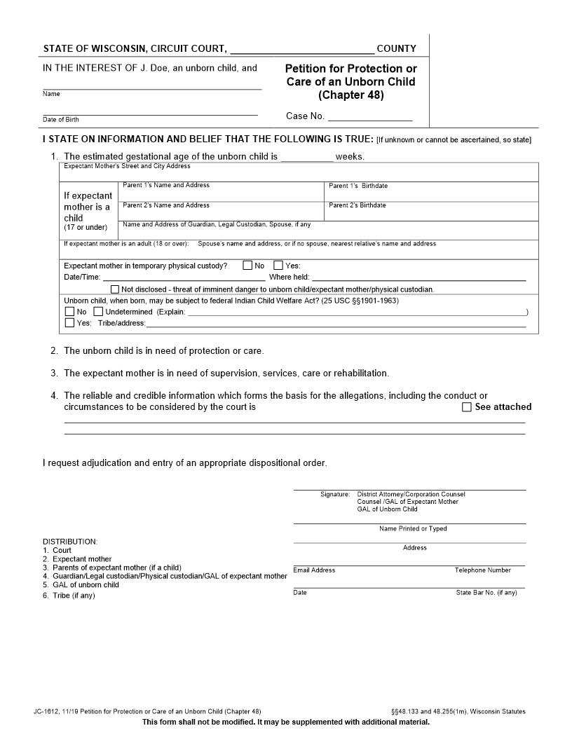 Petition For Protection Or Care Of An Unborn Child Chapter 48 {JC-1612} | Pdf Fpdf Docx | Wisconsin
