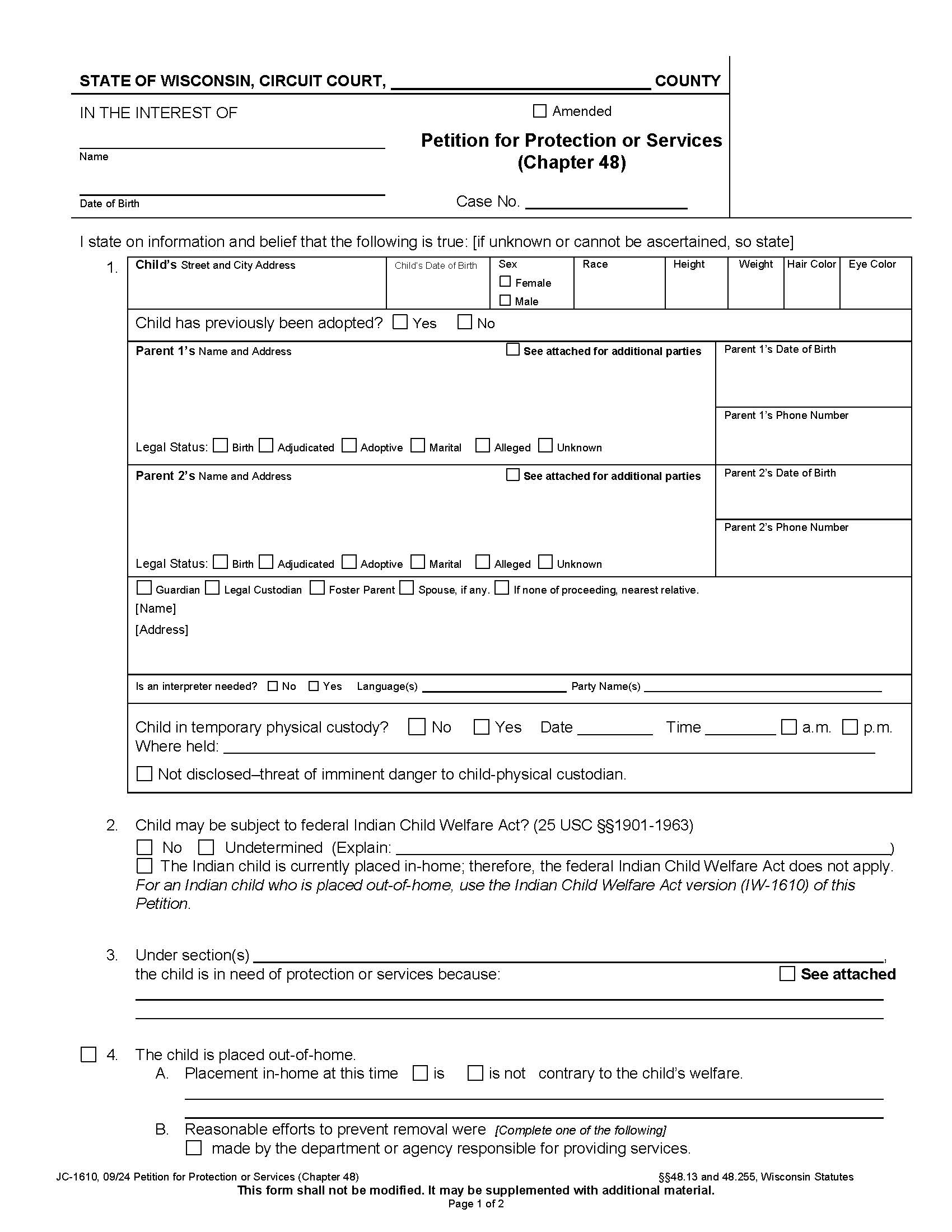 Petition For Protection Or Services (Chapter 48) {JC-1610} | Pdf Fpdf Docx | Wisconsin