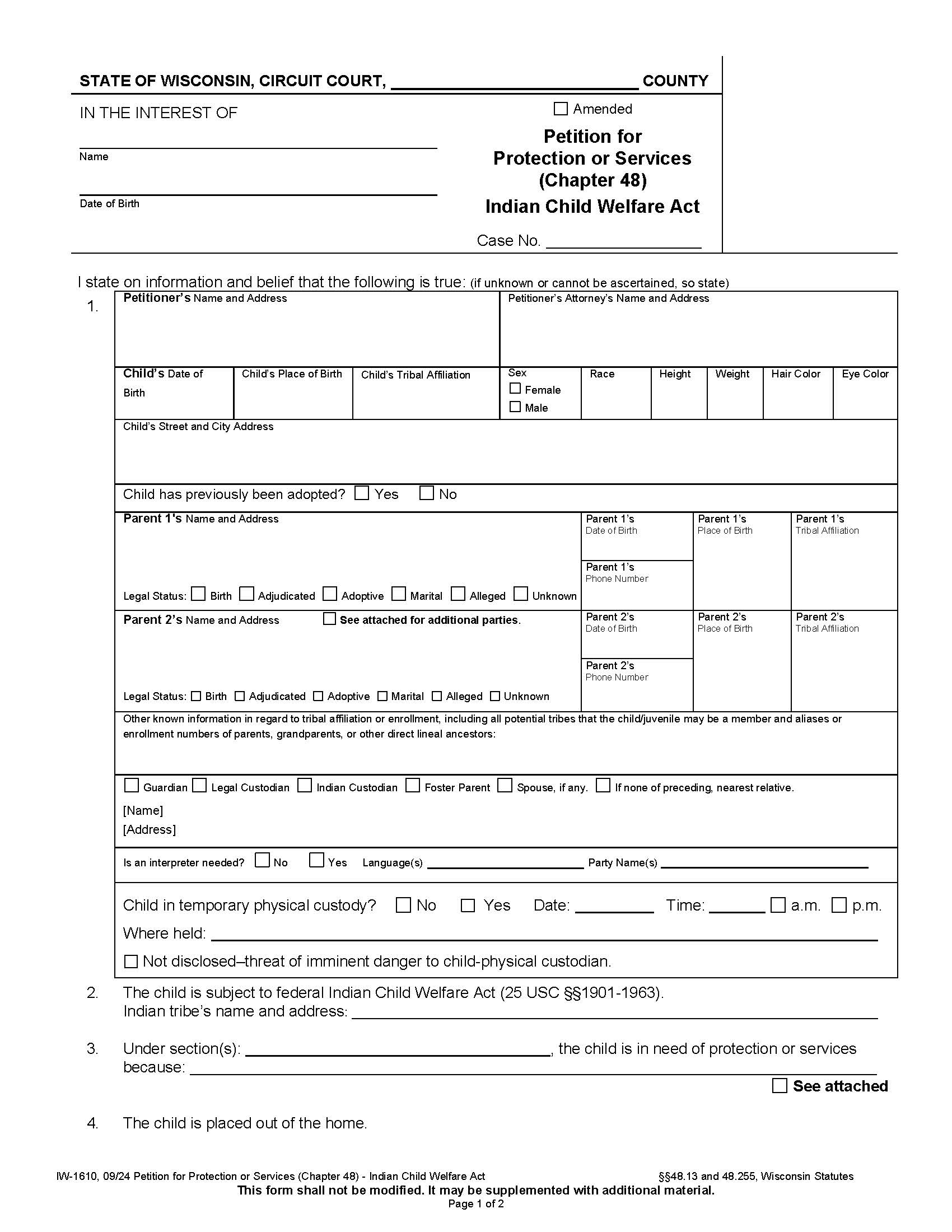 Petition For Protection Or Services - Chapter 48 (ICWA) {IW-1610} | Pdf Fpdf Docx | Wisconsin