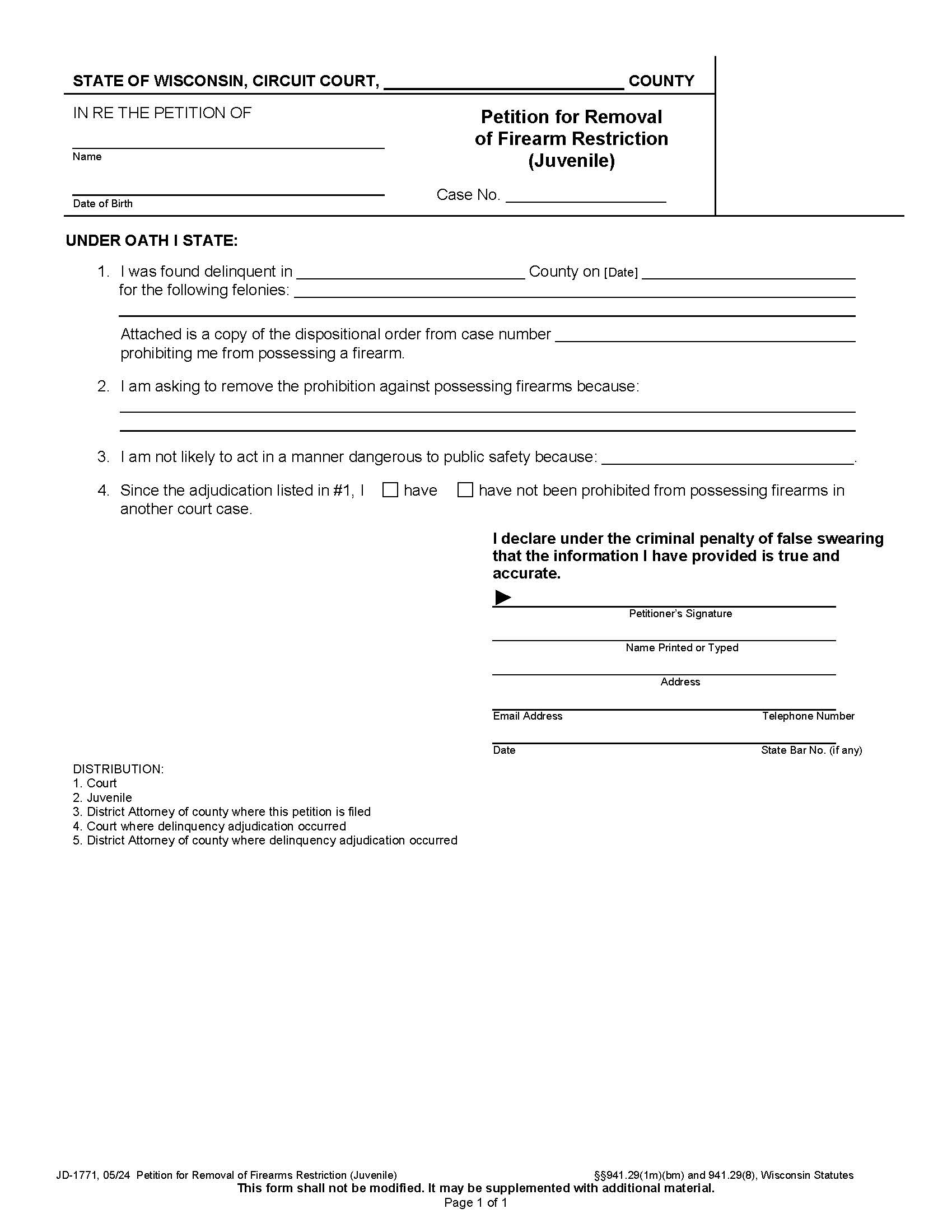 Petition For Removal Of Firearm Restriction {JD-1771} | Pdf Fpdf Docx | Wisconsin