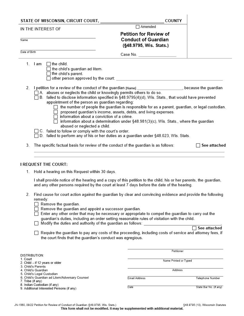 Petition For Review Of Conduct Of Guardian {JN-1560} | Pdf Fpdf Docx | Wisconsin
