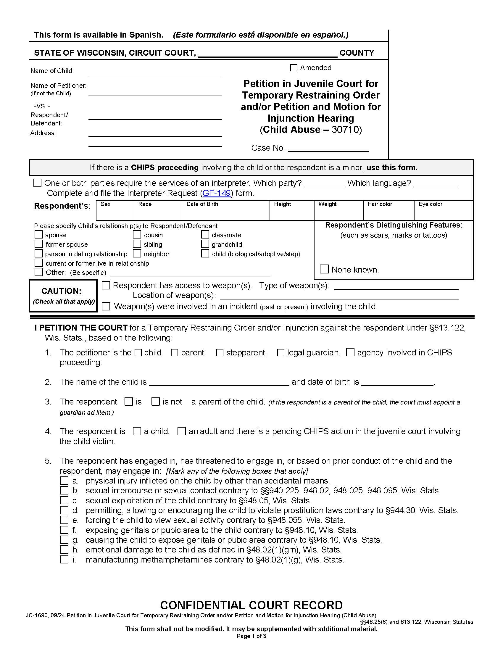 Petition For Temporary Restraining Order And-Or Injunction (Child Abuse) {JC-1690} | Pdf Fpdf Docx | Wisconsin