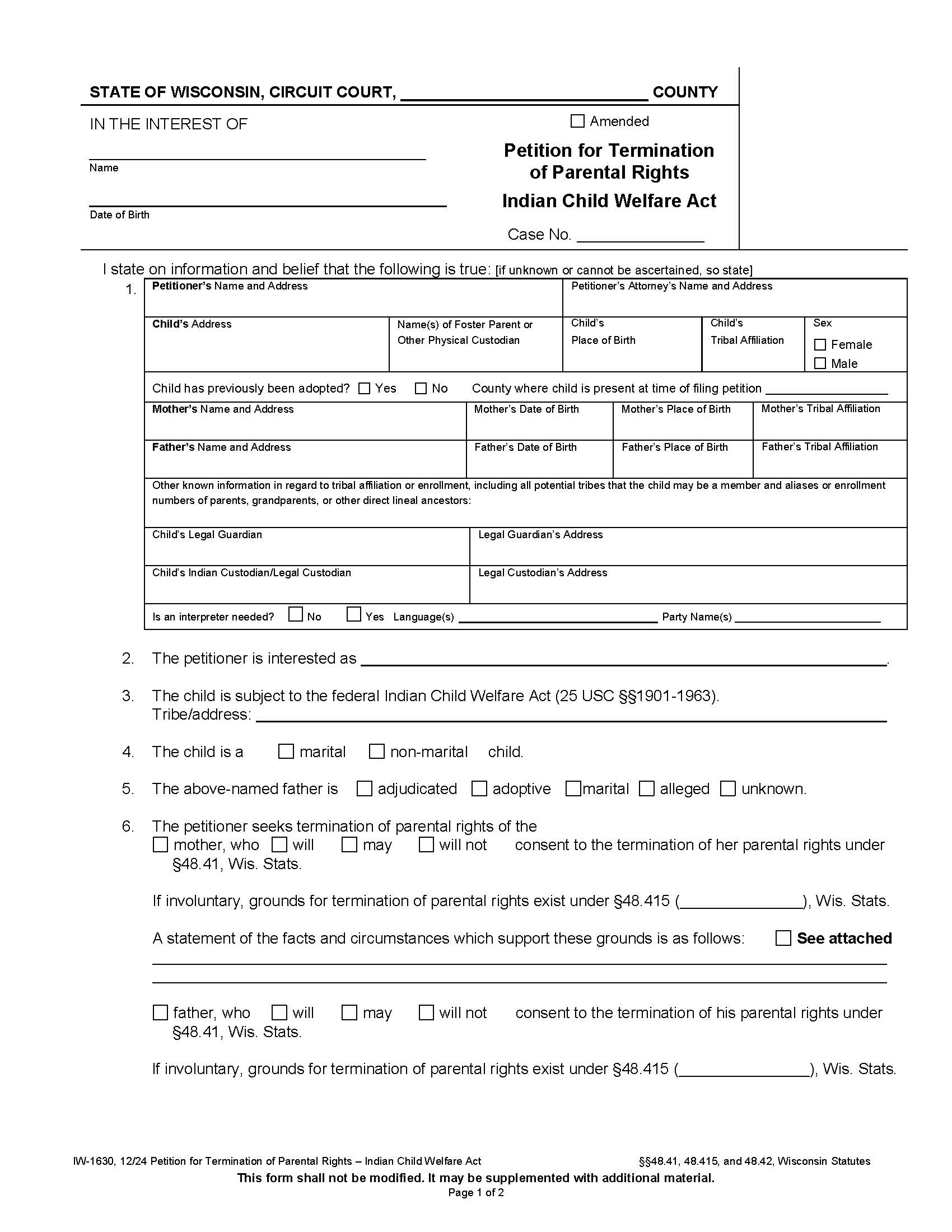 Petition For Termination Of Parental Rights - ICWA {IW-1630} | Pdf Fpdf Docx | Wisconsin