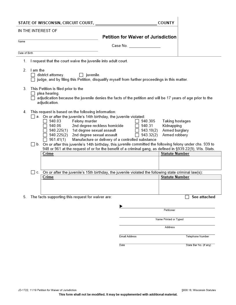 Petition For Waiver Of Jurisdiction {JD-1722} | Pdf Fpdf Docx | Wisconsin