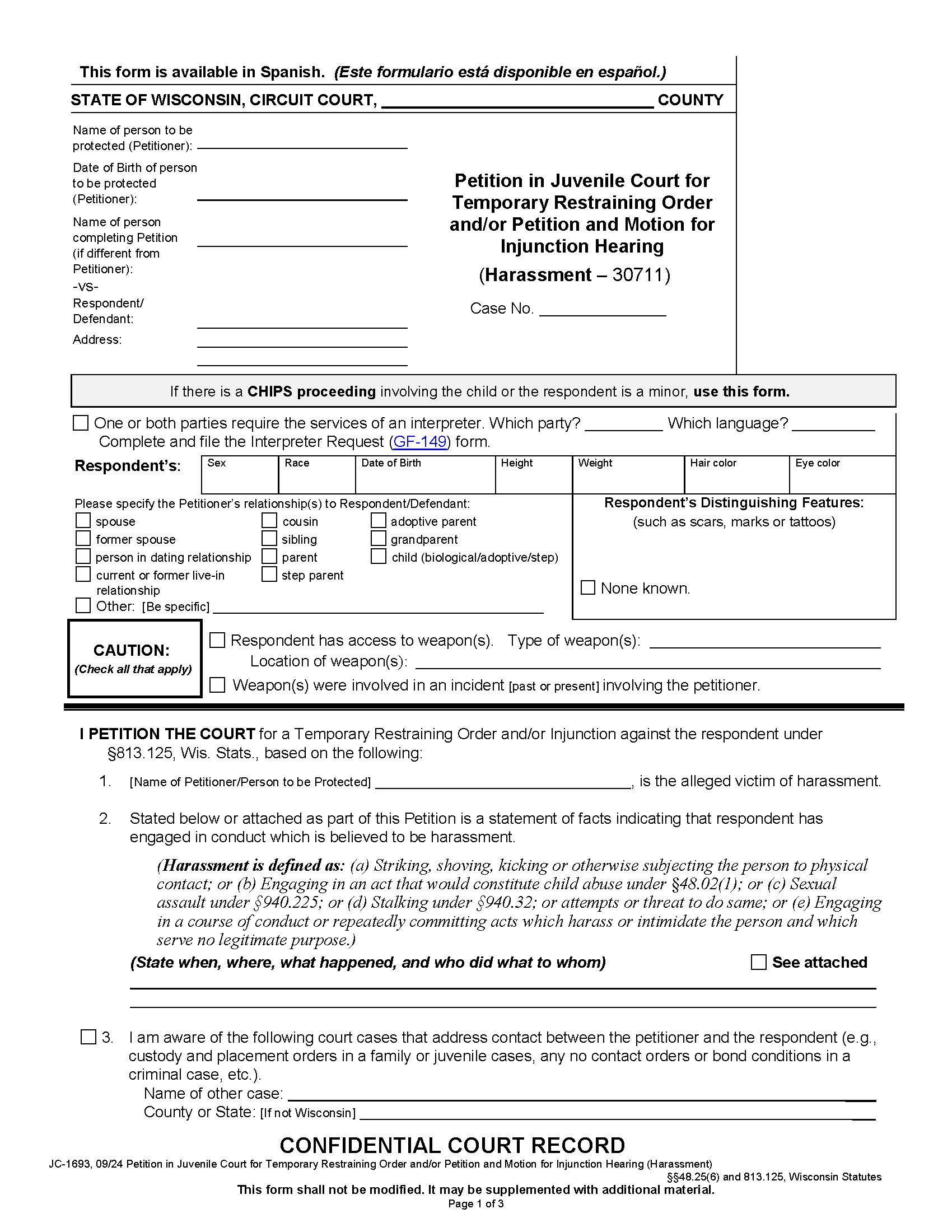 Petition In Juvenile Court For Temporary Restraining Order And-Or Injunction (Harassment) {JC-1693} | Pdf Fpdf Docx | Wisconsin