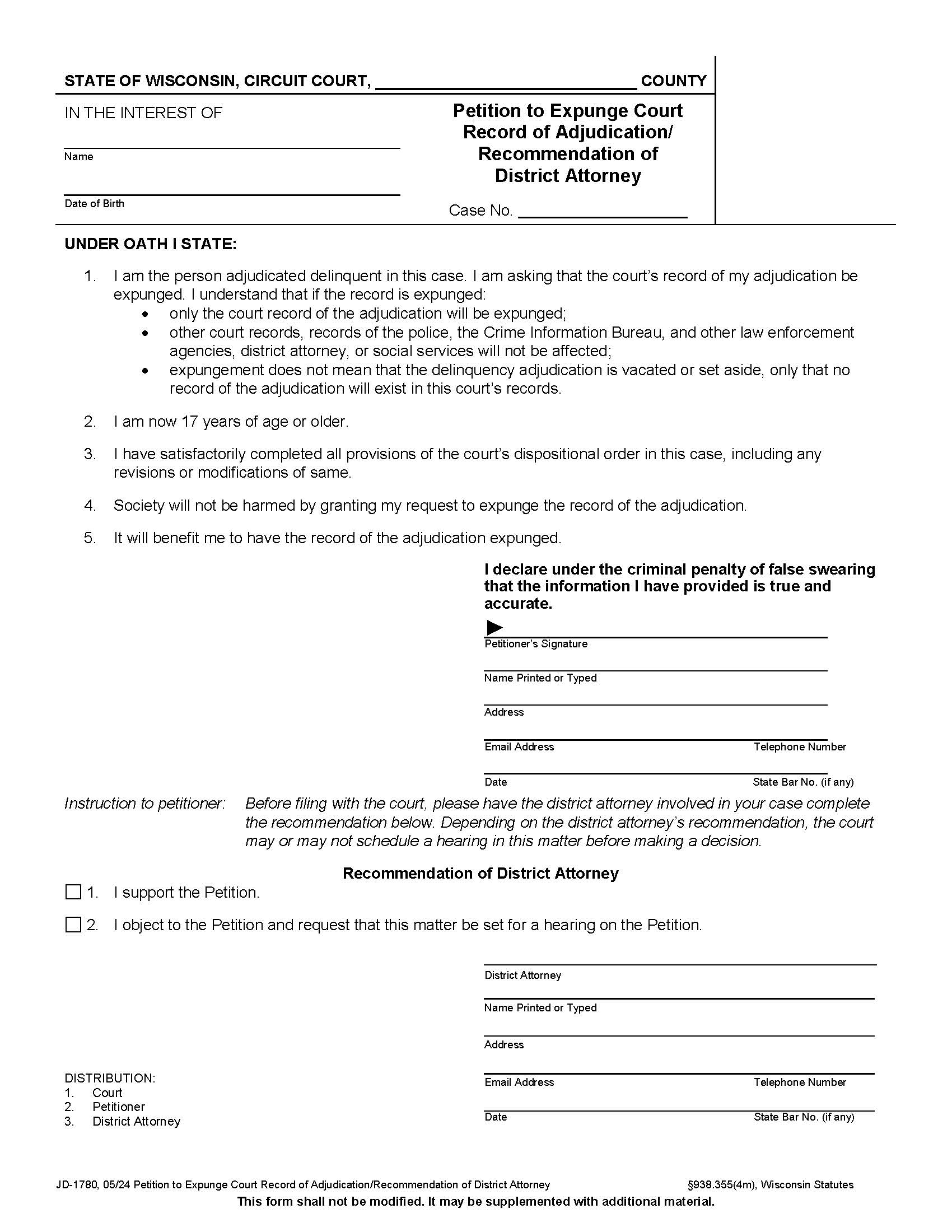 Petition To Expunge Court Record Of Adjudication-Recommendation Of District Attorney {JD-1780} | Pdf Fpdf Docx | Wisconsin