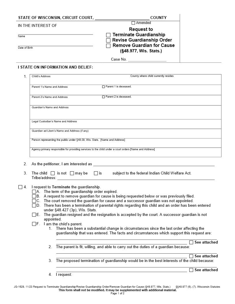 Petition To Terminate-Revise Guardianship Order Or Remove Guardian For Cause {JG-1628} | Pdf Fpdf Docx | Wisconsin