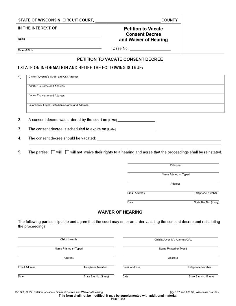 Petition To Vacate Consent Decree-Waiver Of Hearing {JD-1729} | Pdf Fpdf Docx | Wisconsin