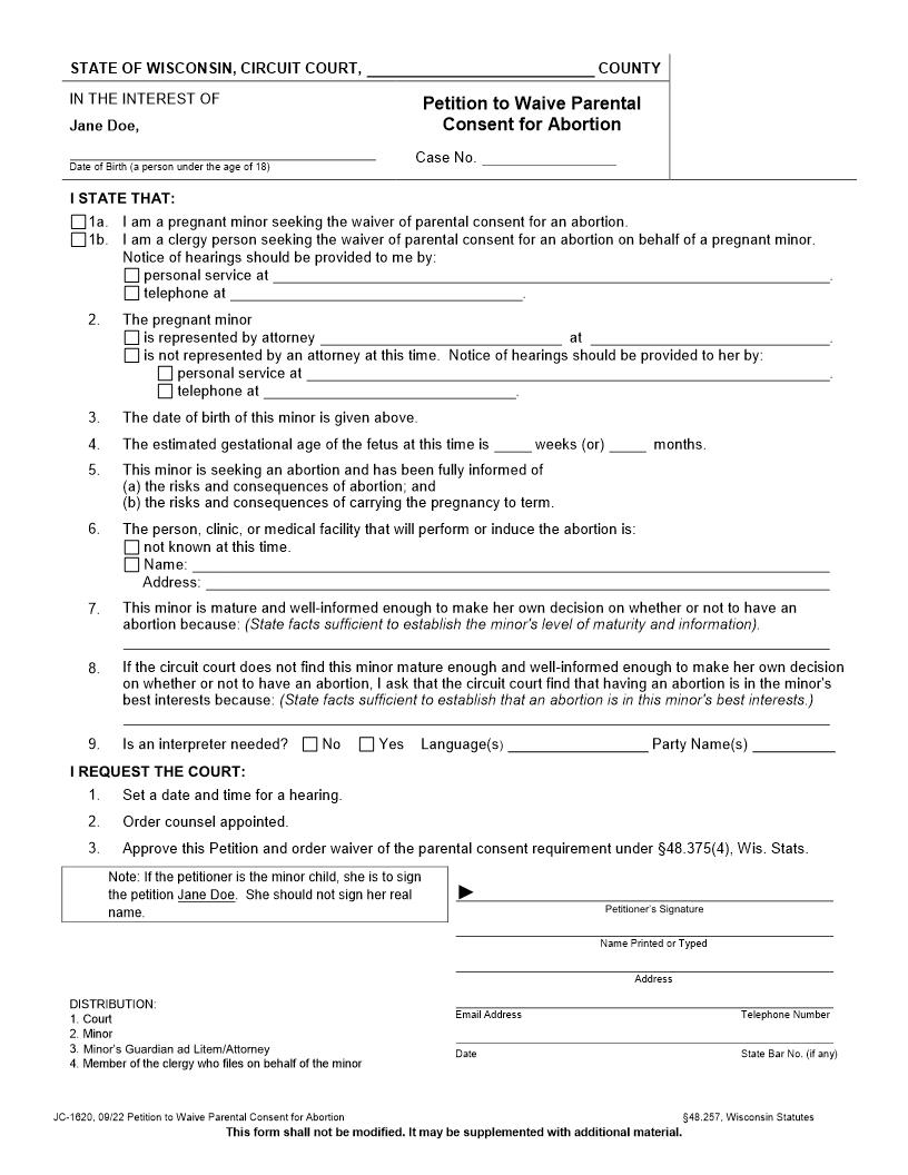 Petition To Waive Parental Consent For Abortion {JC-1620} | Pdf Fpdf Docx | Wisconsin