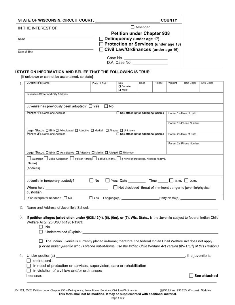 Petition Under Ch 938 - Delinquency-Protection Or Services-Civil Law Or Ordinances {JD-1721} | Pdf Fpdf Docx | Wisconsin