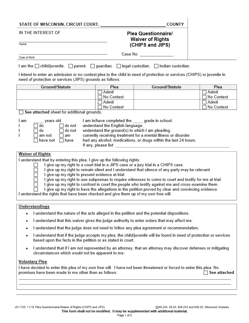 Plea Questionaire Waiver Of Rights {JD-1735} | Pdf Fpdf Docx | Wisconsin