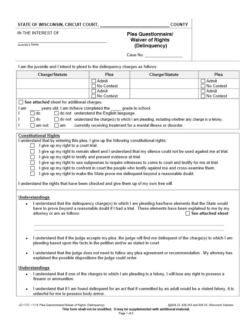 Plea Questionnaire - Waiver Of Rights (Juvenile) {JD-1737} | Pdf Fpdf Docx | Wisconsin