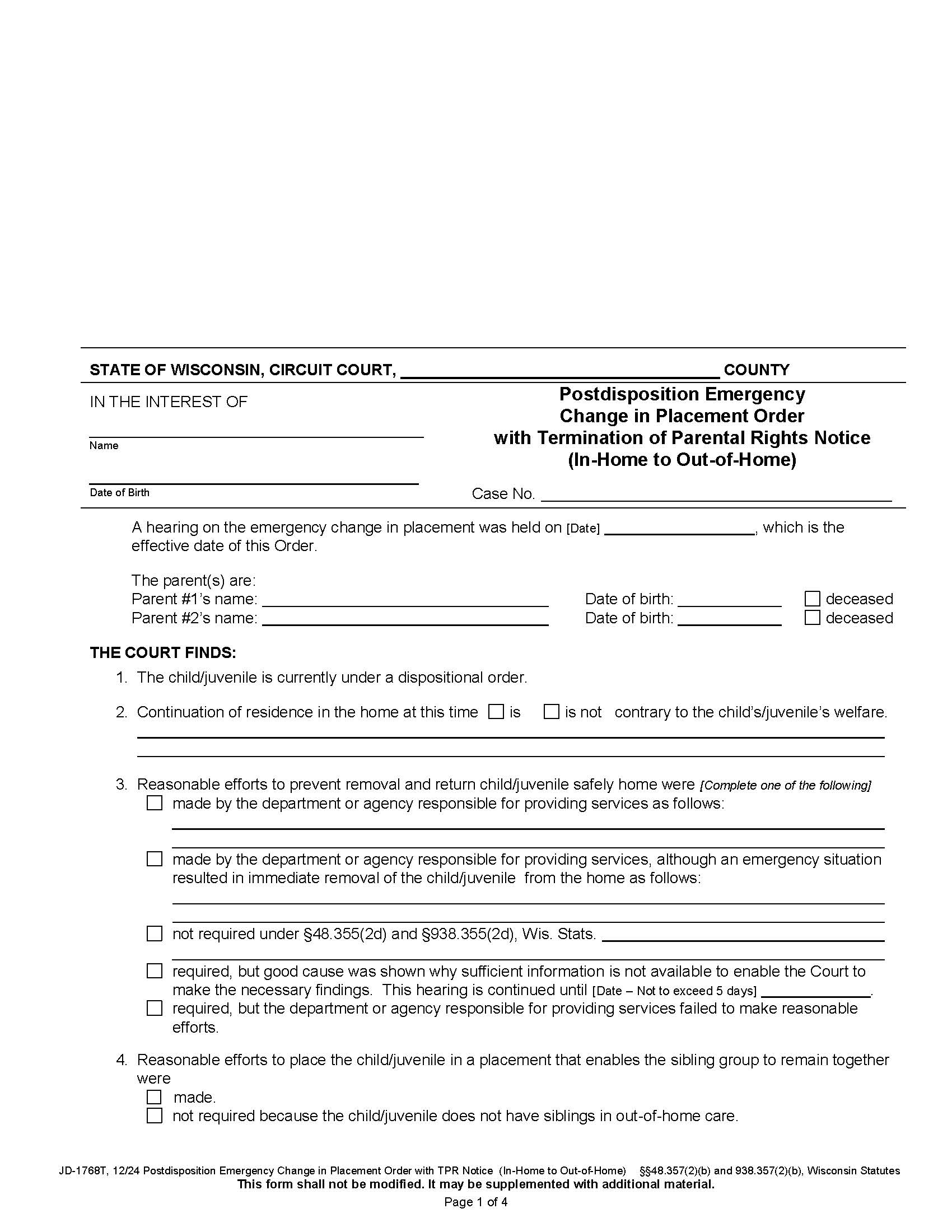 Postdisposition Emergency Change In Placement Order With Termination Of Parental Rights {JD-1768T} | Pdf Fpdf Docx | Wisconsin