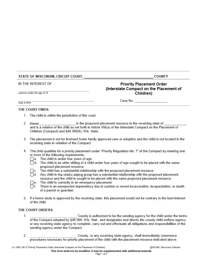 Priority Placement Order (Interstate Compact On The Placement Of Children) {JC-1648} | Pdf Fpdf Docx | Wisconsin