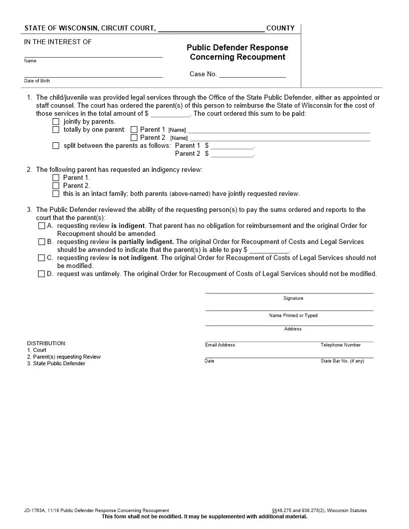 Public Defender Response Order Concerning Recoupment {JD-1763A} | Pdf Fpdf Docx | Wisconsin