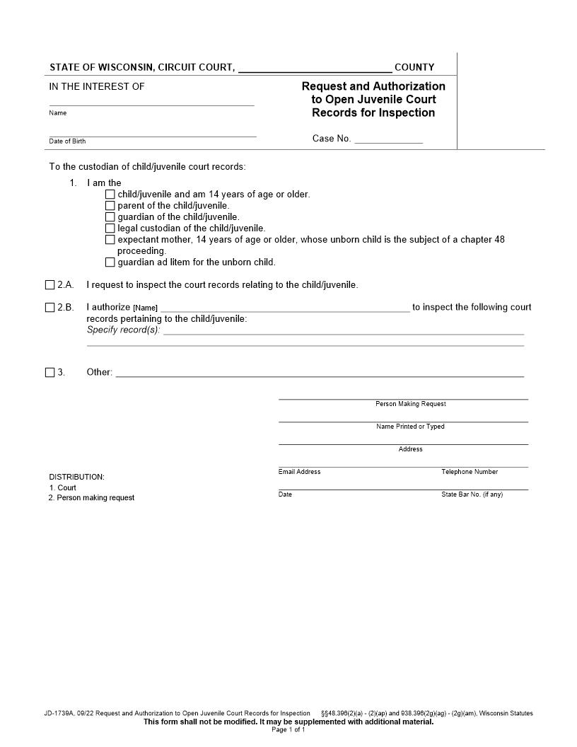 Request And Authorization To Open Court Records For Inspection {JD-1739A} | Pdf Fpdf Docx | Wisconsin