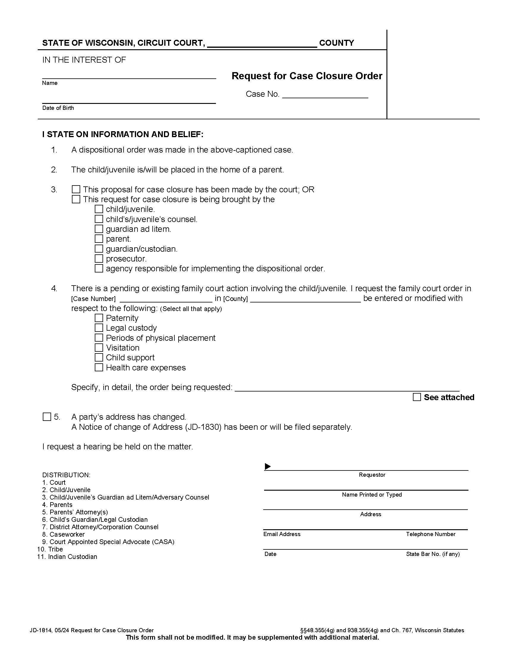 Request For Case Closure Order {JD-1814} | Pdf Fpdf Docx | Wisconsin